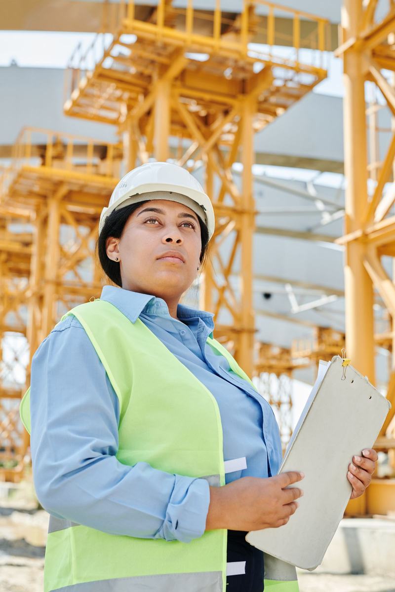 Quality engineer in hard hat and hi-vis with a clipboard in front of a steel frame