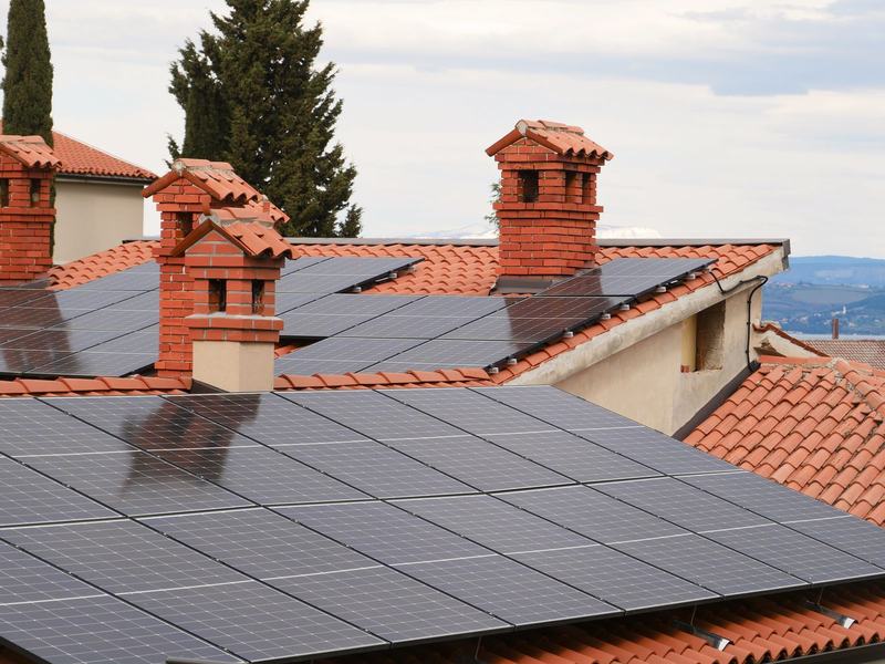 Solar panels on the tiled roofs of new homes