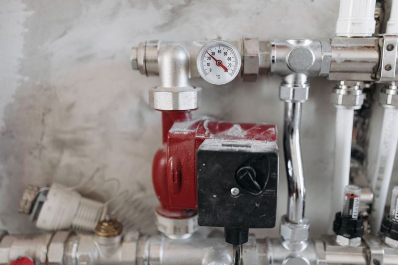 Circulating pump, valves and temperature gauge on a heating manifold awaiting commissioning