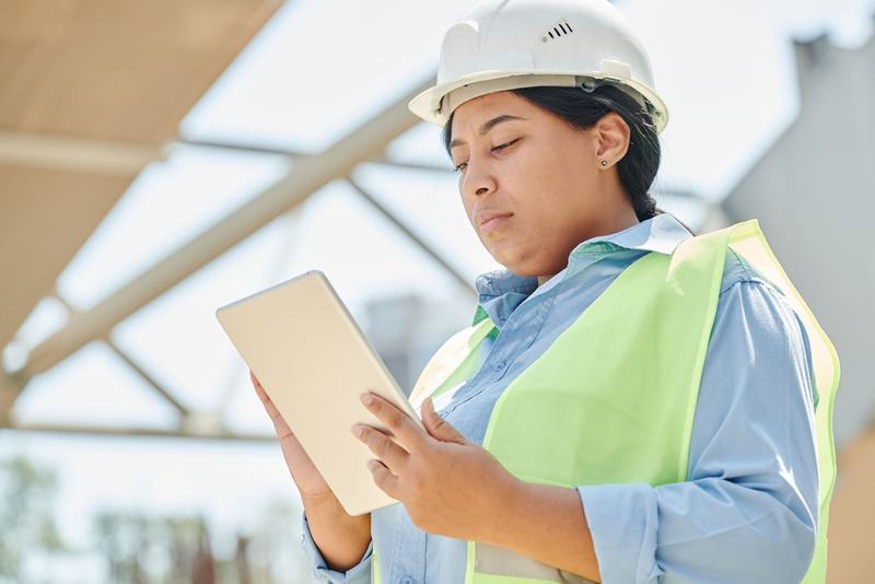Site engineer in hard hat and hi-vis checking inspection records on a tablet