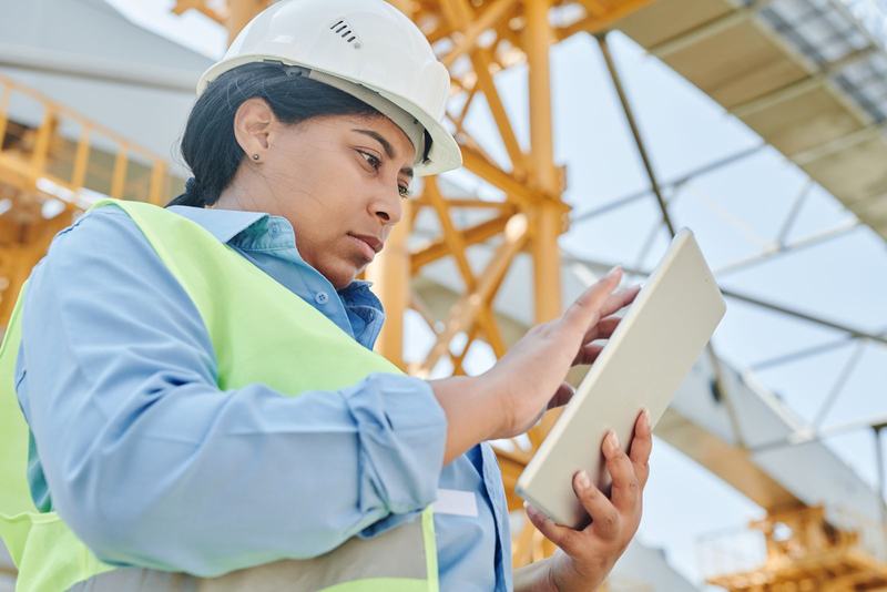 Engineer in hard hat and hi-vis using a tablet beneath a steel frame