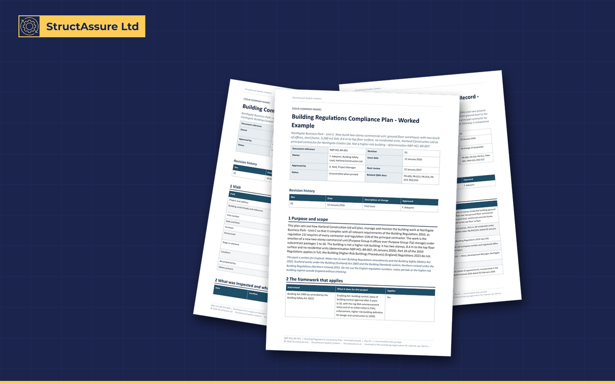 Building Regulations & Building Safety Act Compliance Pack: preview of three pages from the pack