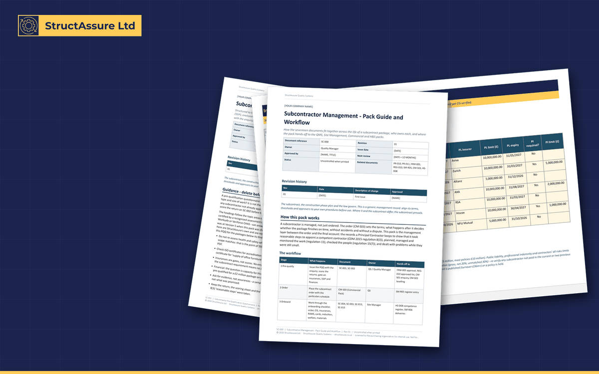Subcontractor Management Pack: preview of three pages from the pack