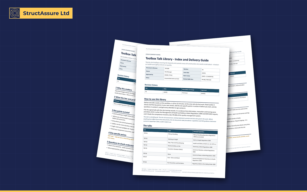 Toolbox Talk Library: preview of three pages from the pack