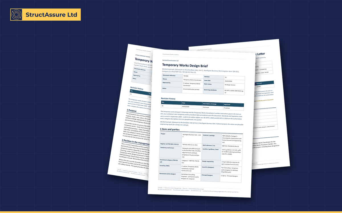 Temporary Works Control Pack: preview of three pages from the pack